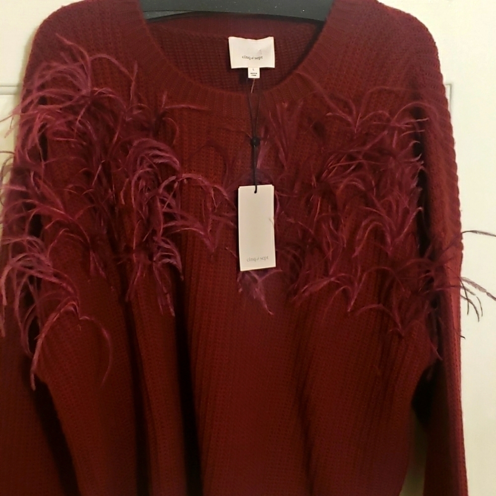 Cinq à Sept Melanie Burgundy Ostrich Feather Wool-Blend Sweater - Picture 6 of 9